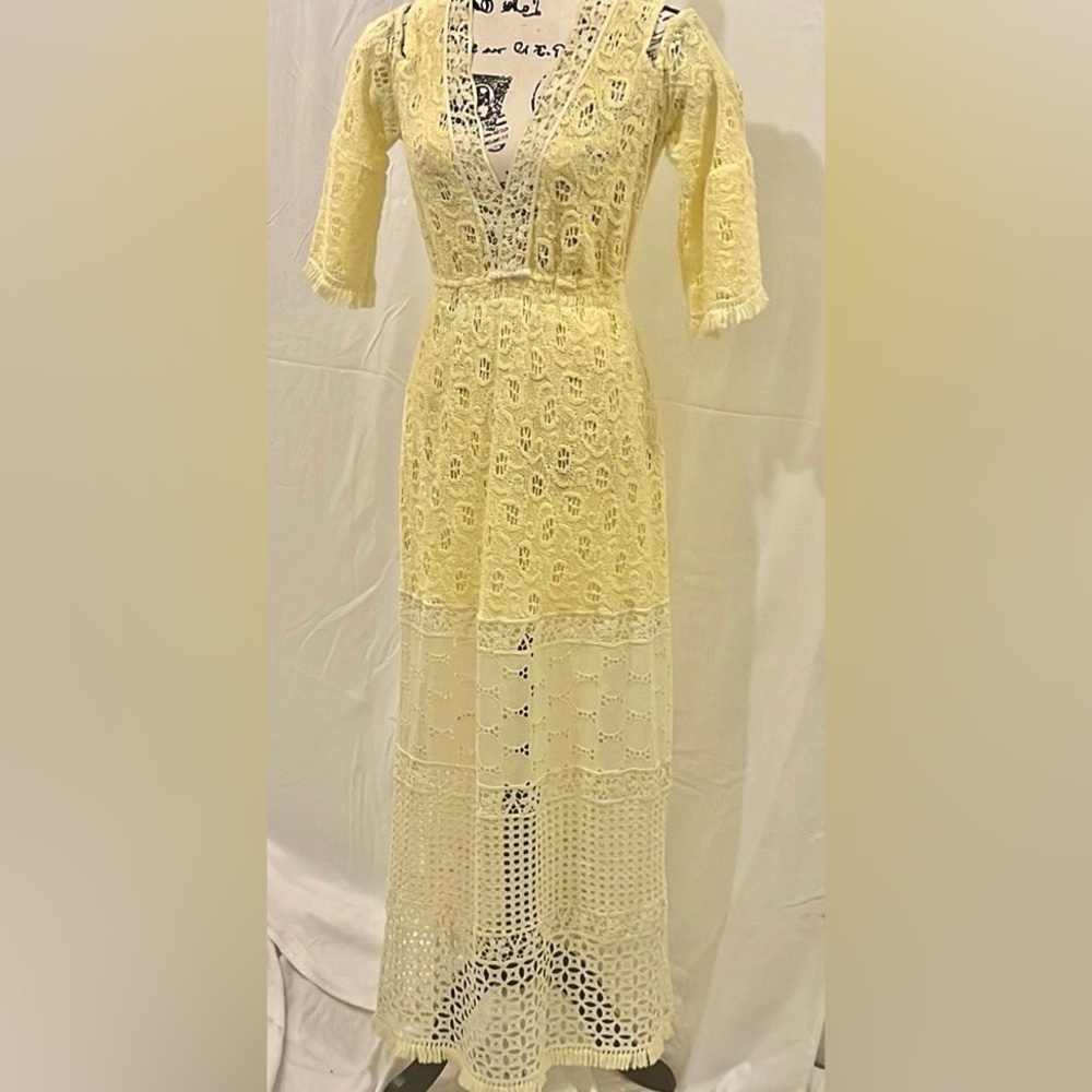 Queen Moda Politano medium crocheted yellow dress multi-layered maxi shrug dress